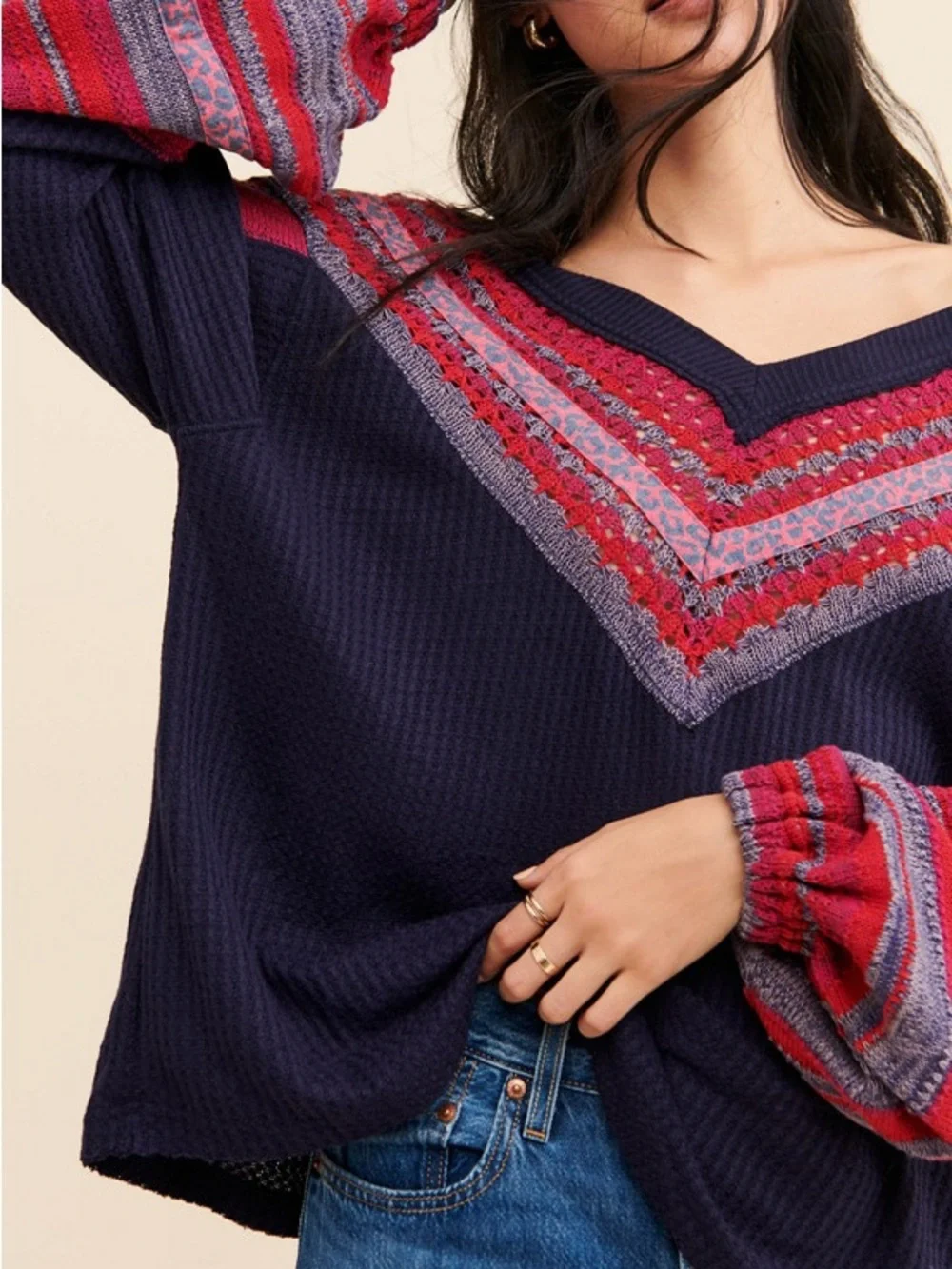 Free People Copenhagen V-neck Navy Blue Thermal Long Sleeve size XS